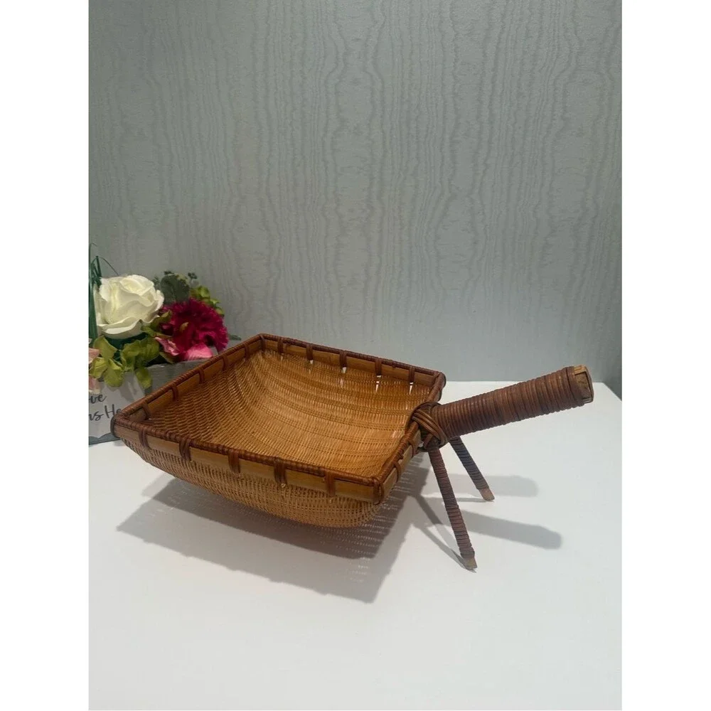 Vintage Hand Woven Square Basket Handle & Support Legs Farmhouse Cottagecore